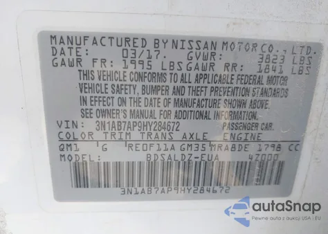 2017 Nissan Sentra Sv z USA, uszkodzony, nr VIN 3N1AB7AP9HY284672